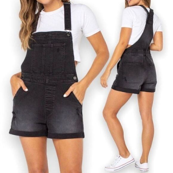 Black Distressed Juniors Short Overalls - Picture 2 of 8